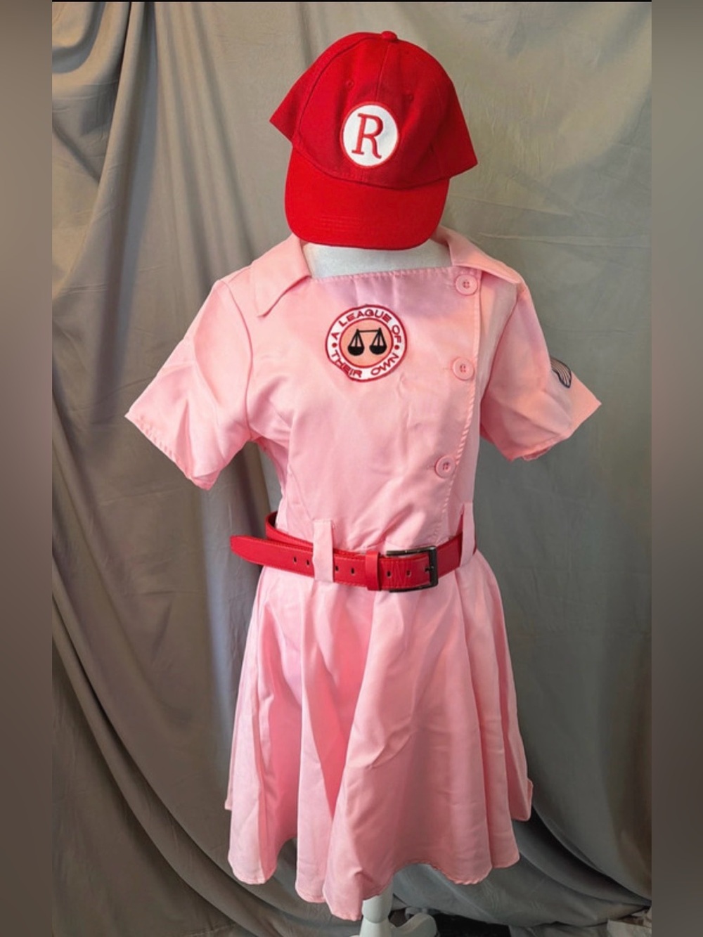 Pink League of Their Own Adult Costume Dress w/Red Cap, Belt, and socks Sz L